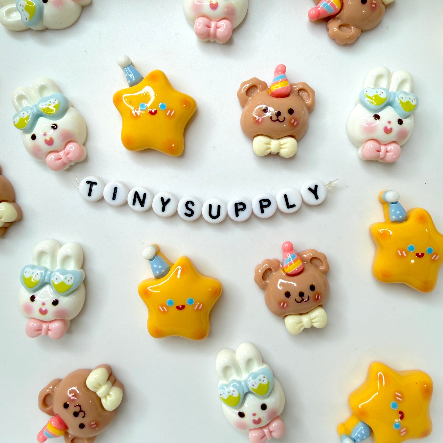 Birthday Party Bear, Bunny, and Star Themed Cartoon Character Flatback Cabochons