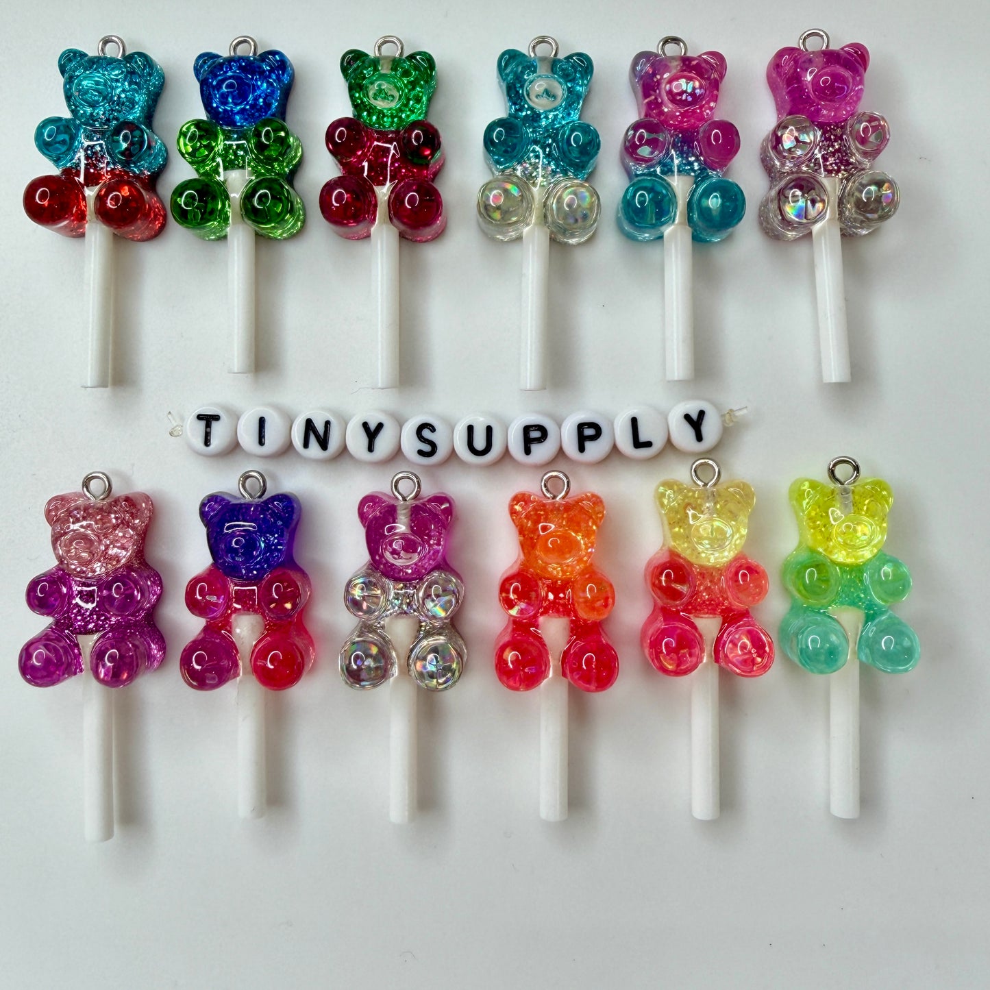 Pastel Colorful Two-Tone Glitter Gummy Bear Lollipop Charm (44mm x 15mm)
