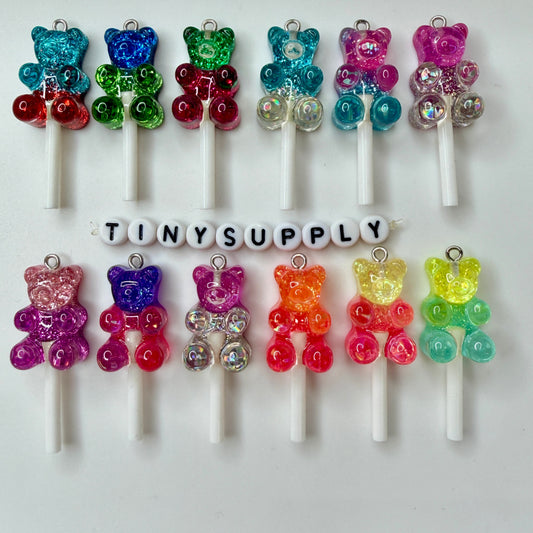 Pastel Colorful Two-Tone Glitter Gummy Bear Lollipop Charm (44mm x 15mm)