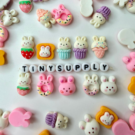 Random Mix of White Bunnies and Food Themed Cabochons (1.3 CM x 1.4 CM)