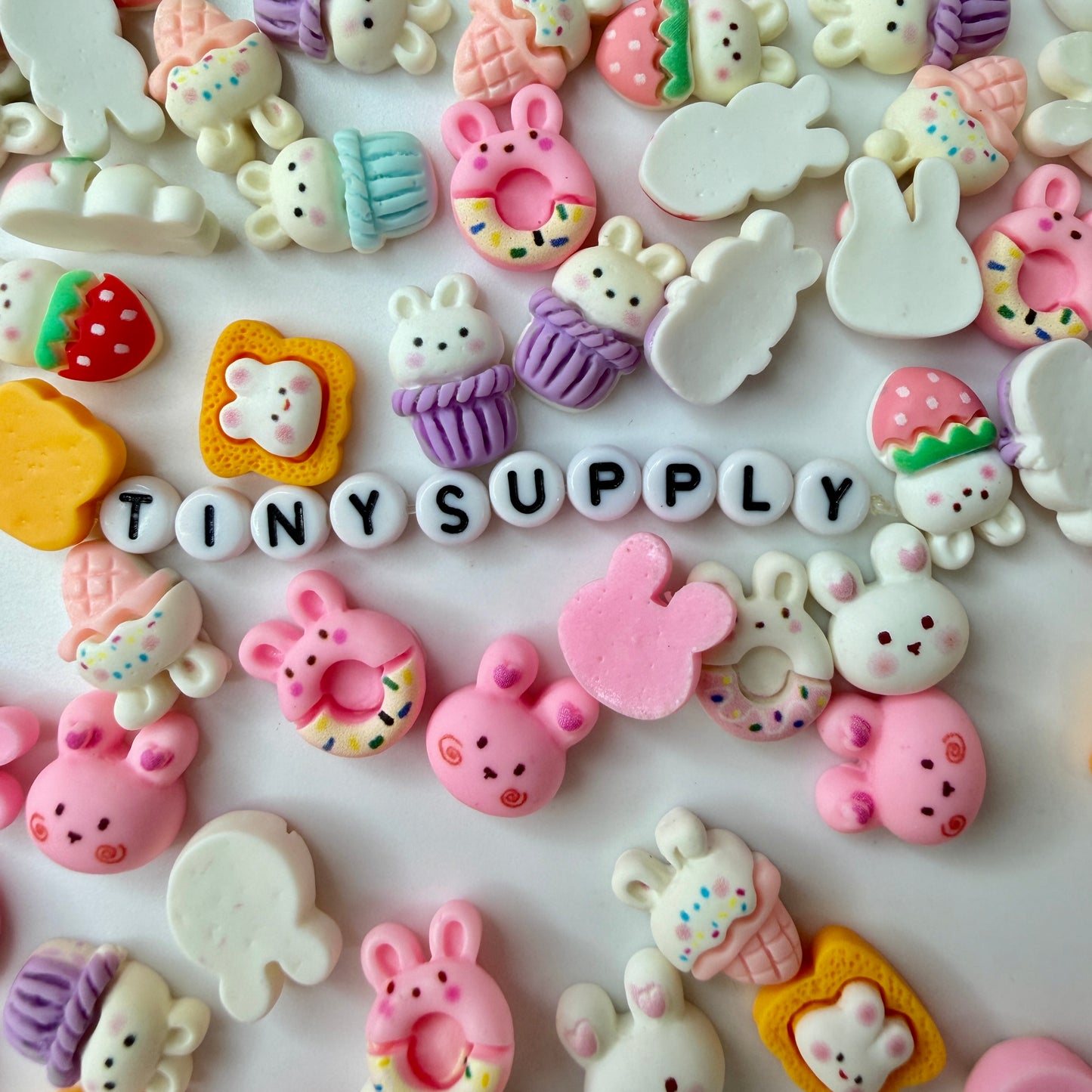 Random Mix of White Bunnies and Food Themed Cabochons (1.3 CM x 1.4 CM)