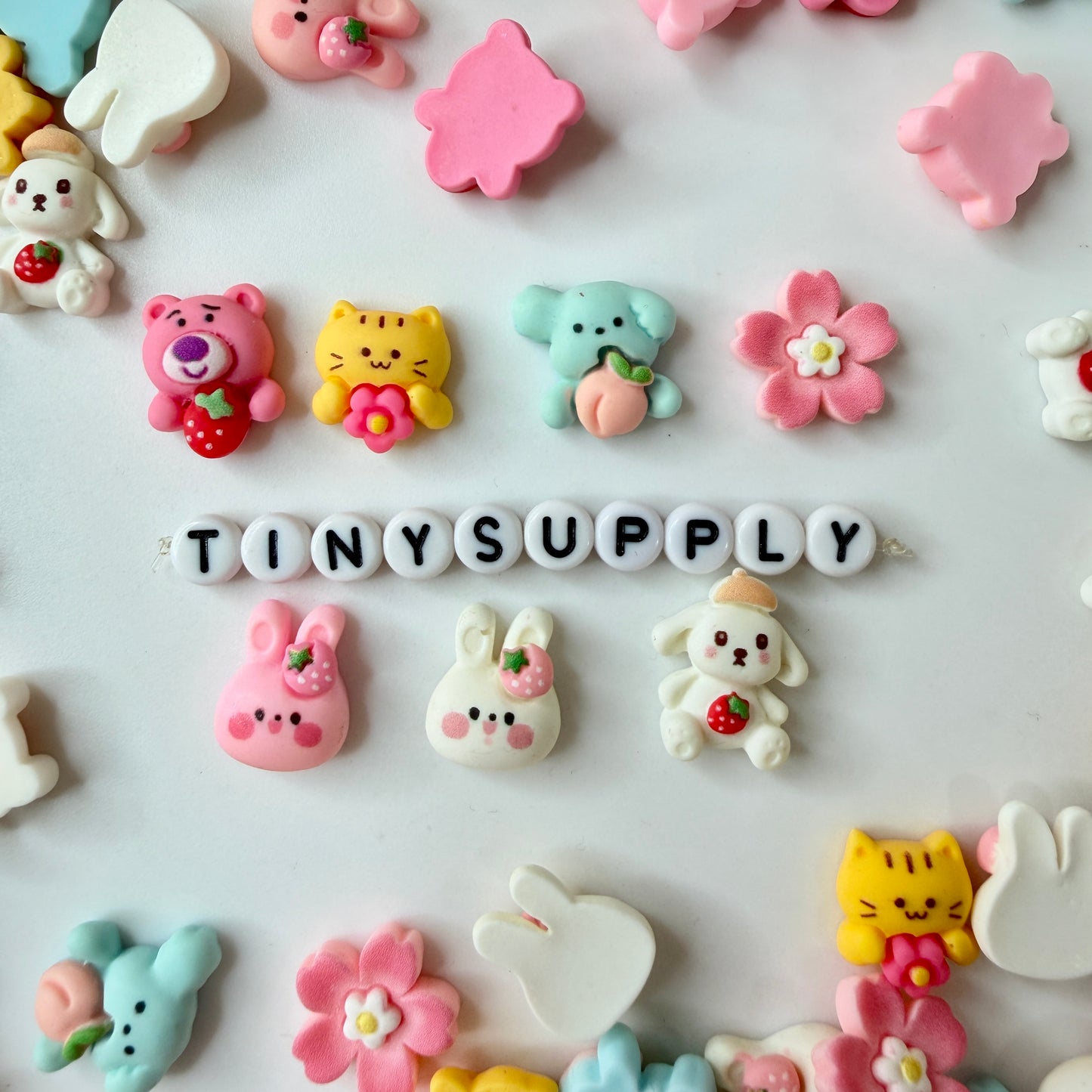 Random Mix of White Bunnies and Pink Bears Themed Cabochons