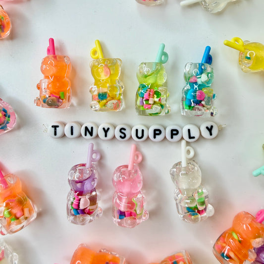Resin Confetti Tea Bear Shaped Plastic Bottle Charm with Eye Pin (23mm x 12mm)