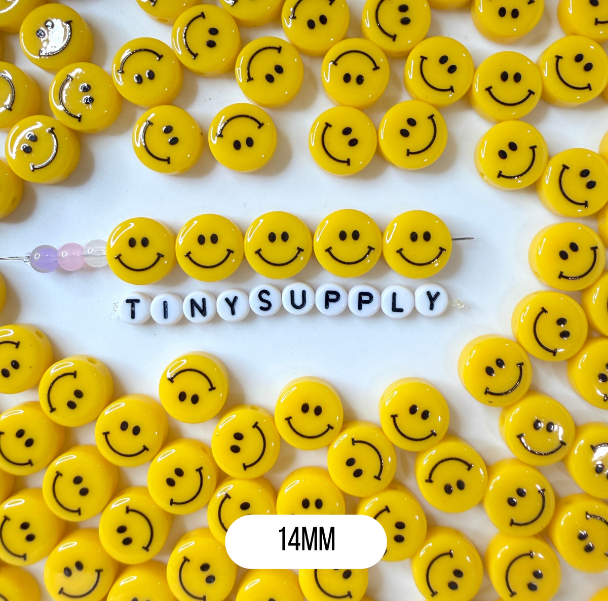 HORIZONTAL HOLE Yellow Flat Round Happy Face Beads (Multiple sizes)