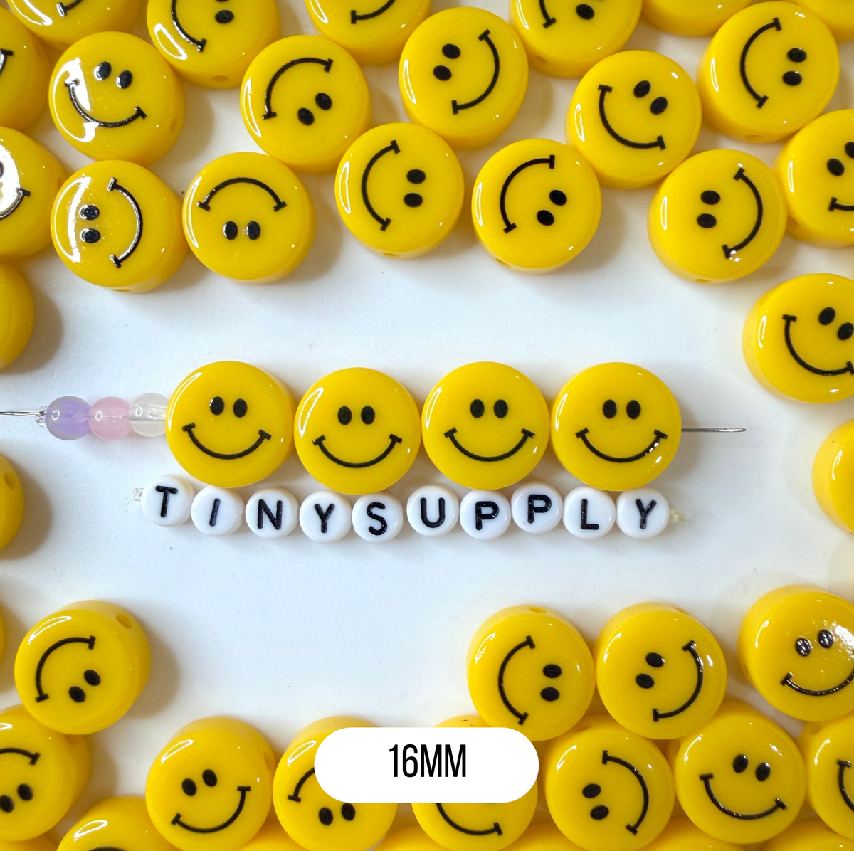HORIZONTAL HOLE Yellow Flat Round Happy Face Beads (Multiple sizes)