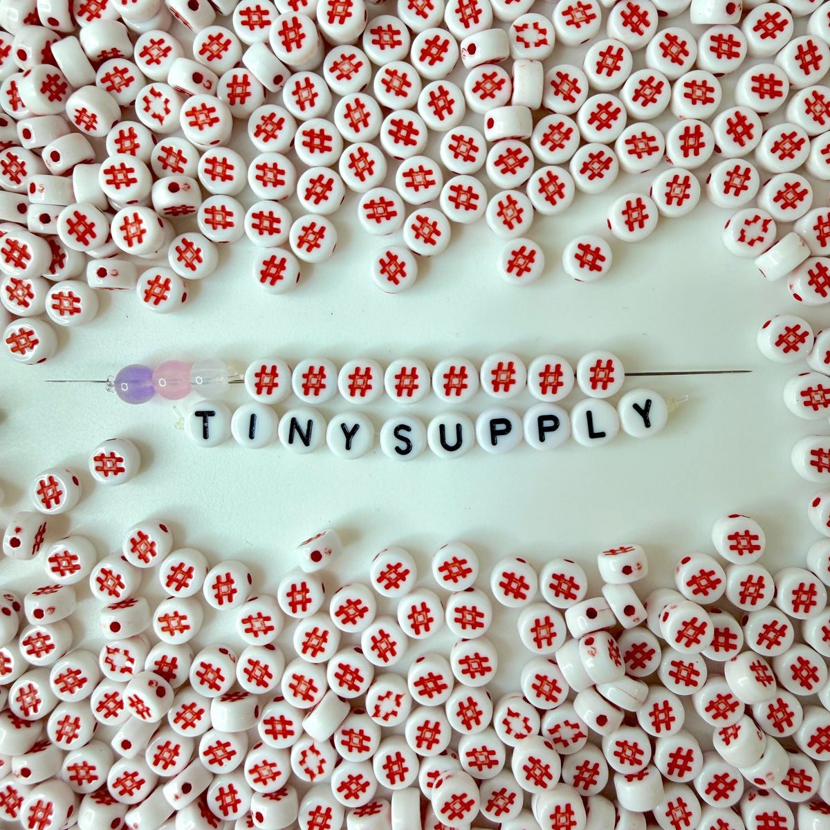 7MM White Flat Round Acrylic with Hashtag, Pound Sign Symbol Beads