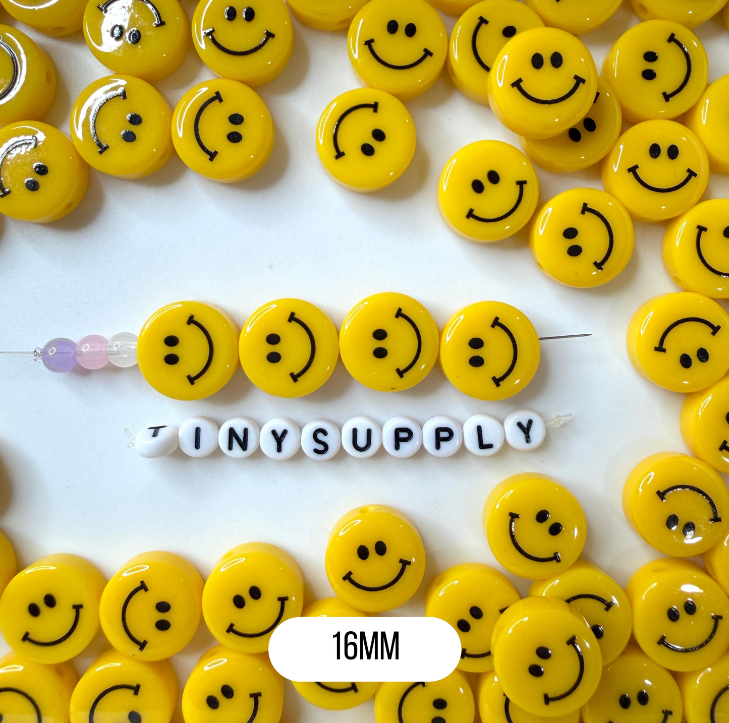 VERTICAL HOLE Yellow Flat Round Happy Face Beads (Multiple Sizes)