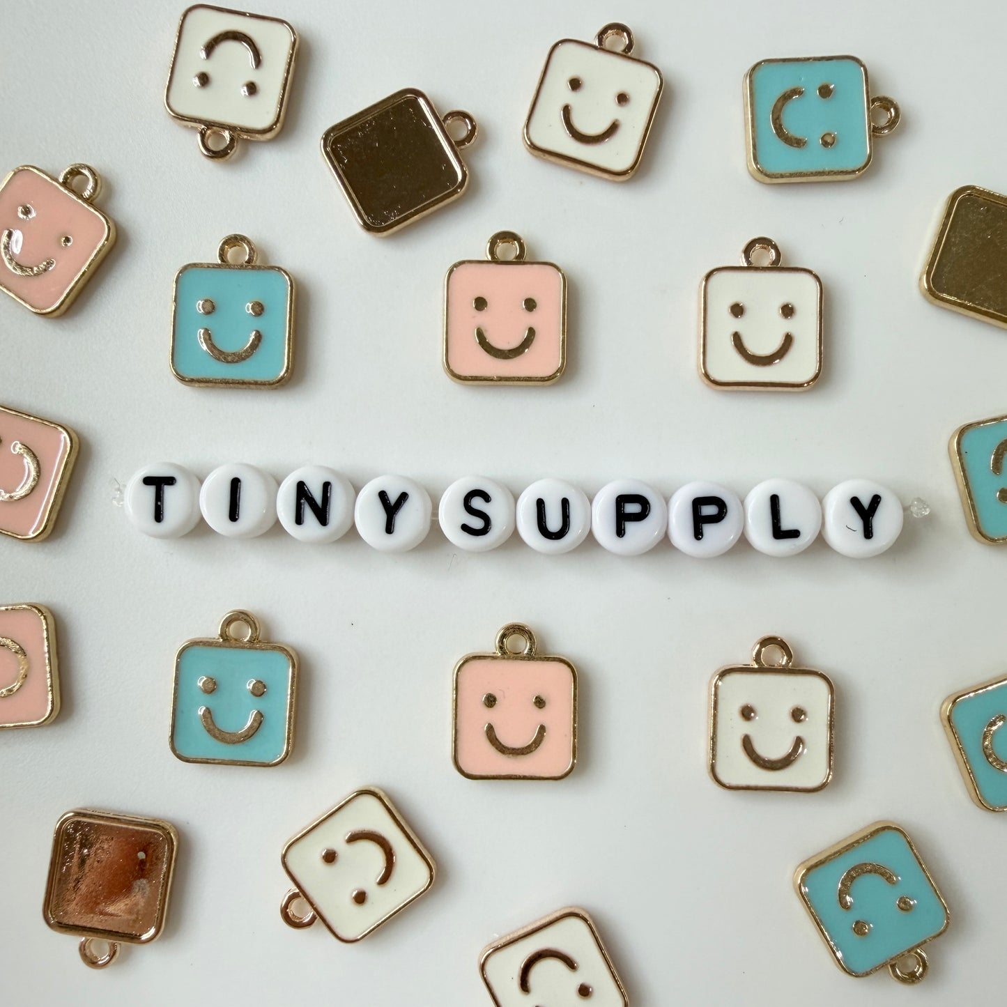 Pink, Blue, White Square Happy Face Enamel Charm (14mm x 11mm)
