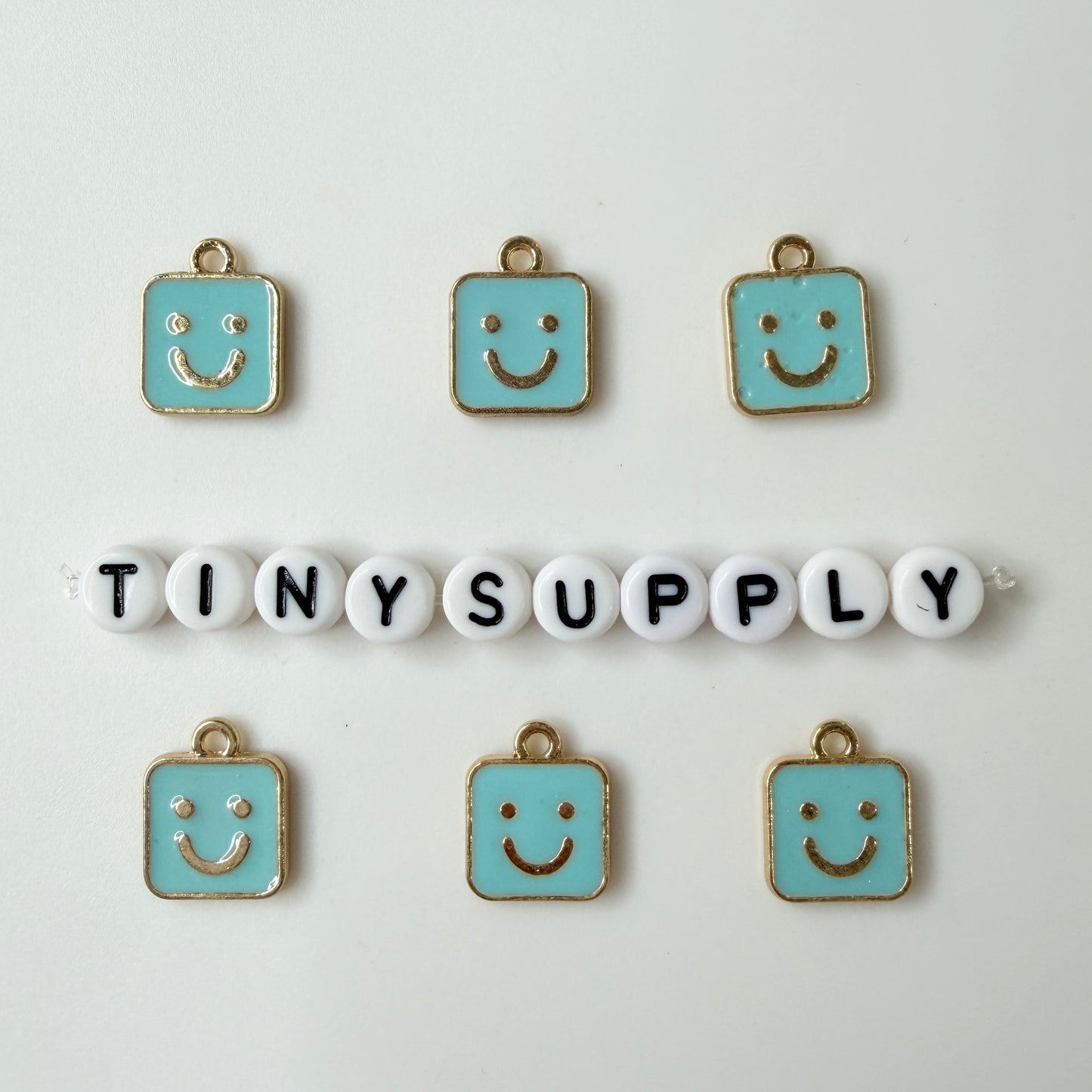 Pink, Blue, White Square Happy Face Enamel Charm (14mm x 11mm)
