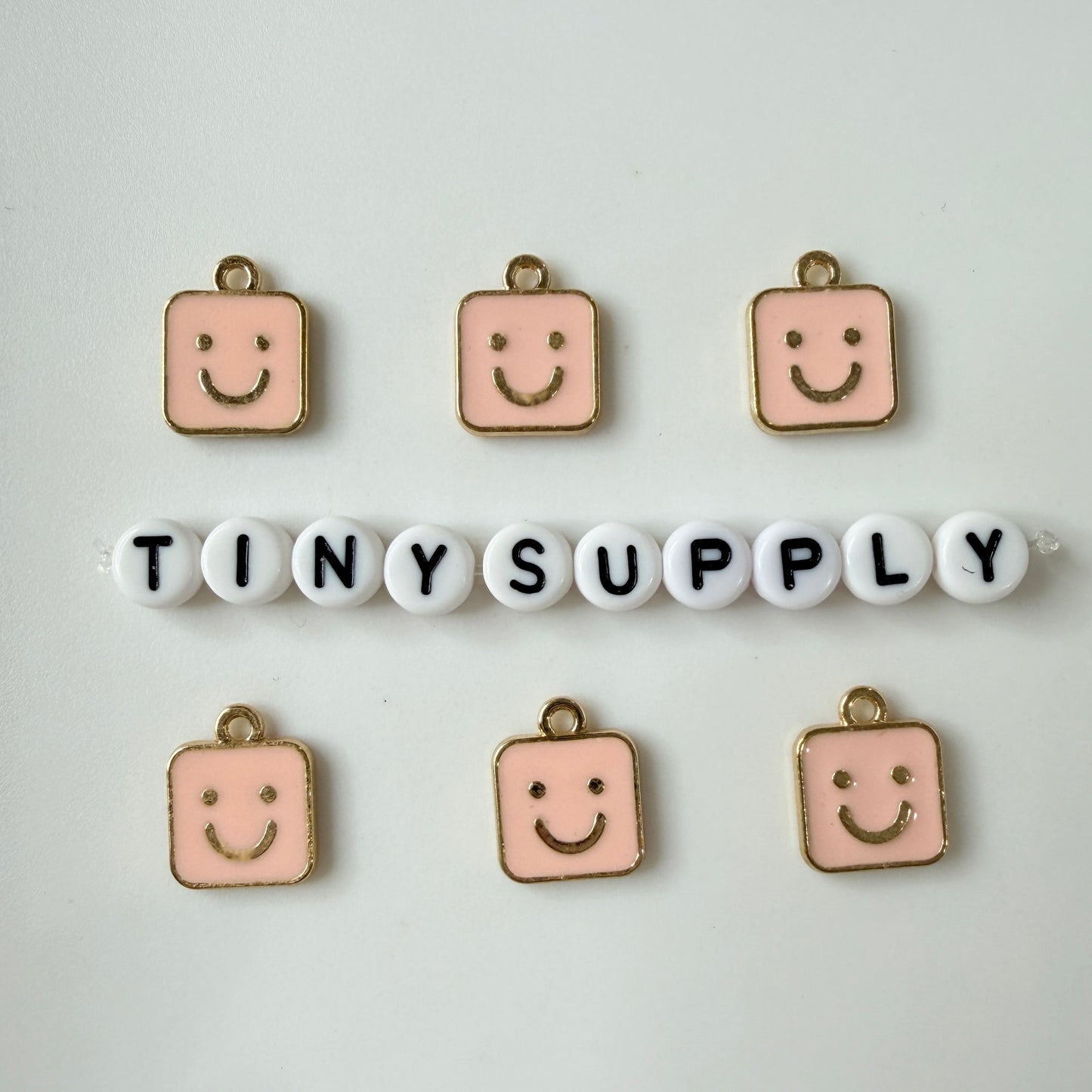 Pink, Blue, White Square Happy Face Enamel Charm (14mm x 11mm)