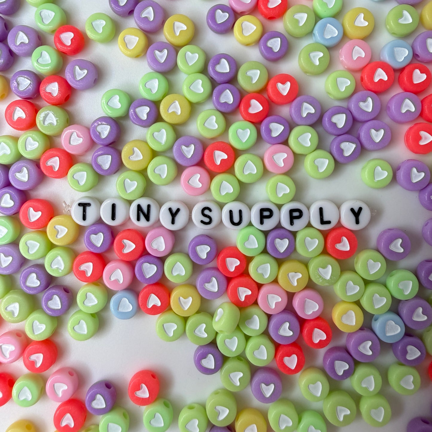 7MM Mixed Color Acrylic Flat Round Beads with White Hearts