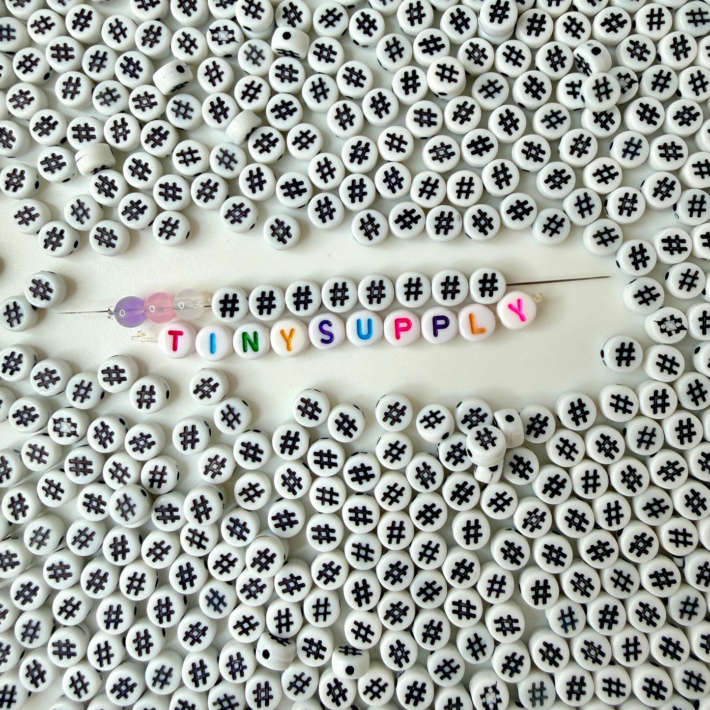 7MM White Flat Round Acrylic with Hashtag, Pound Sign Symbol Beads