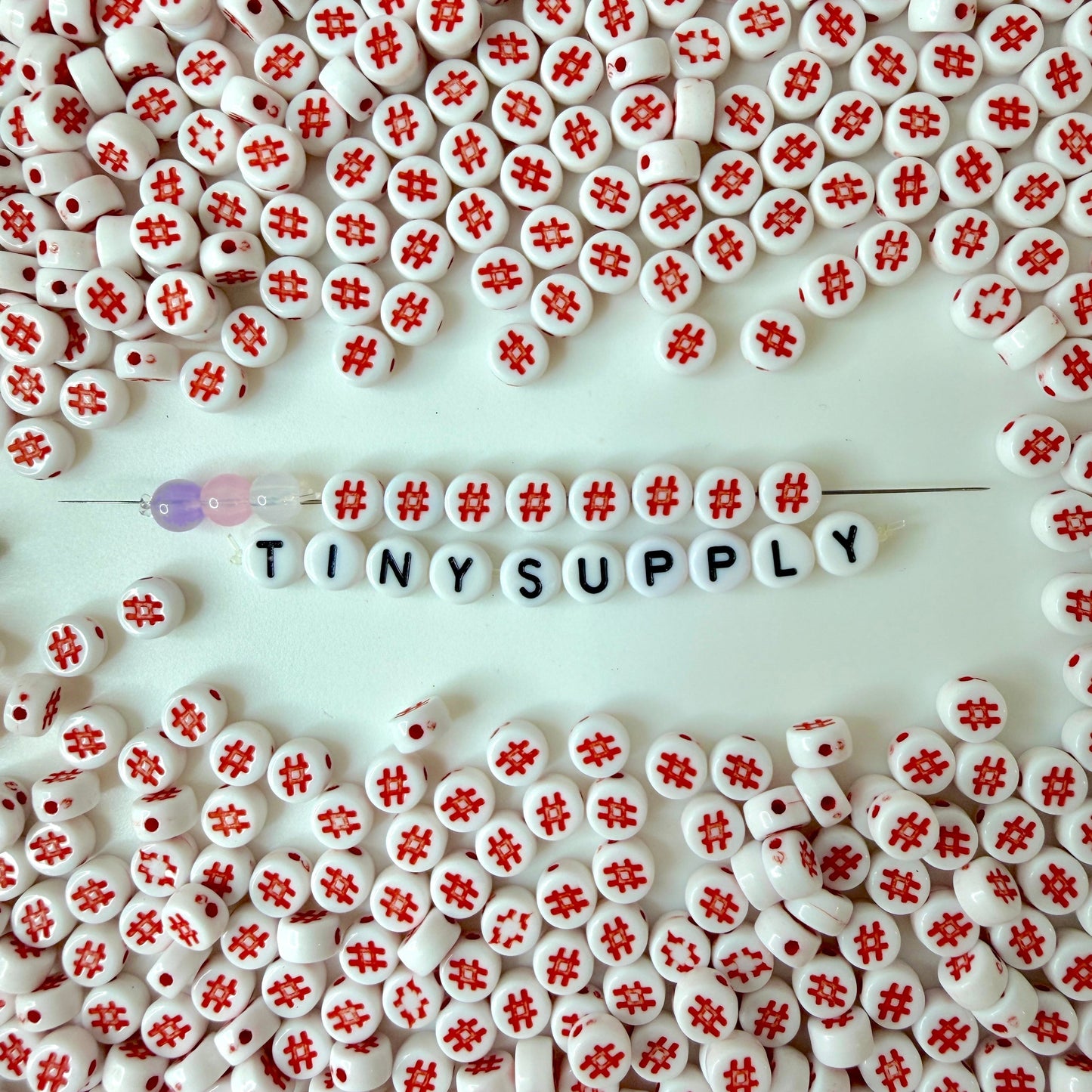 7MM White Flat Round Acrylic with Hashtag, Pound Sign Symbol Beads