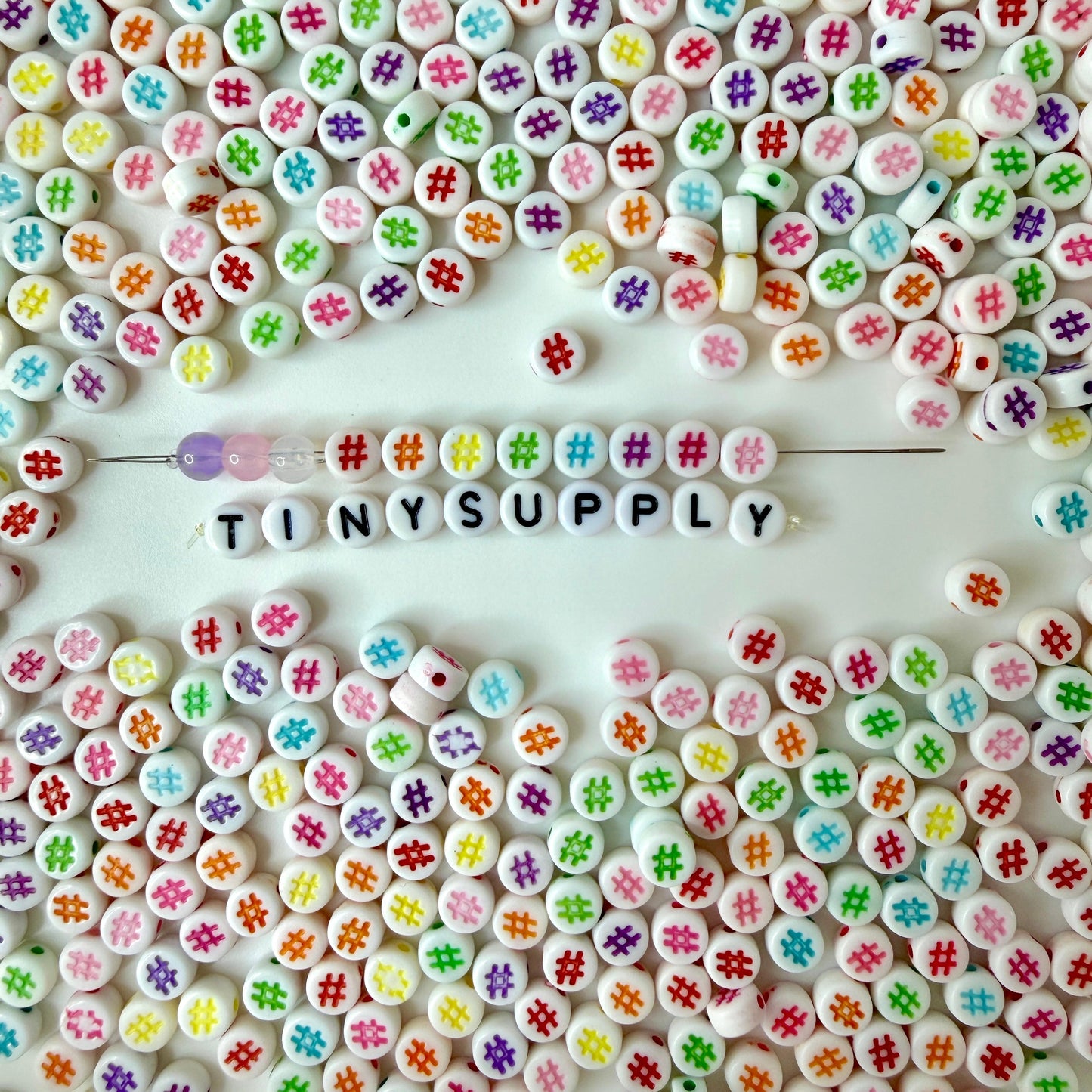 7MM White Flat Round Acrylic with Hashtag, Pound Sign Symbol Beads