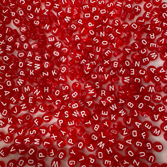 Translucent Red, White Letter, A-Z Alphabet Acrylic Flat Round Beads (7MM)