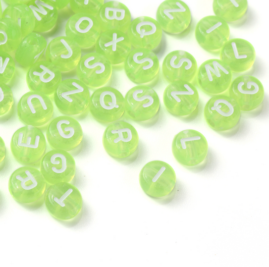 Translucent GREEN, White Letter A-Z Alphabet Individual Beads (7MM)