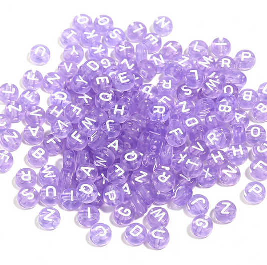 Translucent LIGHT PURPLE, White Letter A-Z Alphabet Individual Beads (7MM)