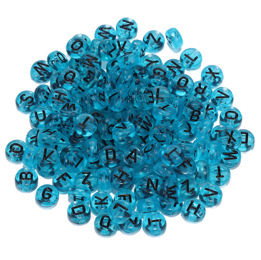 Translucent BLUE, Black Letter A-Z Alphabet Individual Beads (7MM)