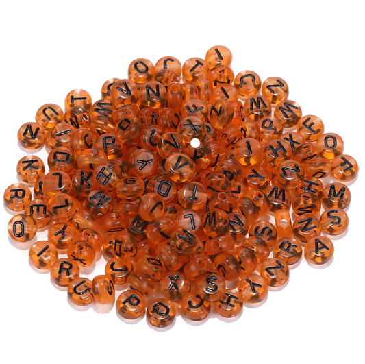 Translucent ORANGE, Black Letter A-Z Alphabet Individual Beads (7MM)