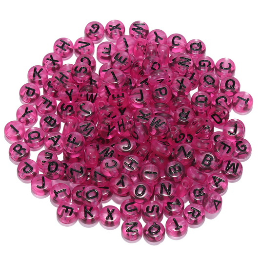 Translucent ROSE PINK, Black Letter A-Z Alphabet Individual Beads (7MM)