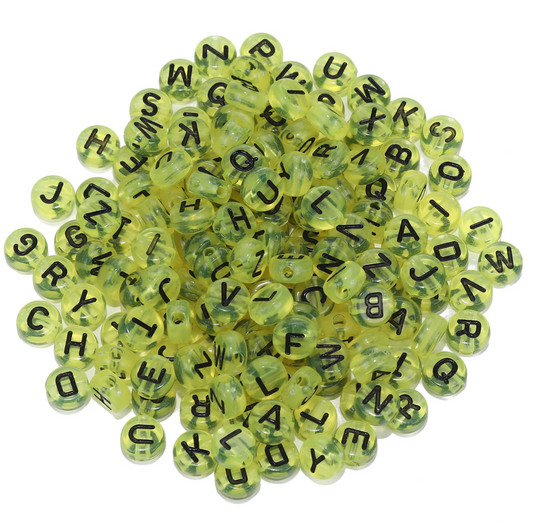 Translucent YELLOW, Black Letter A-Z Alphabet Individual Beads (7MM)