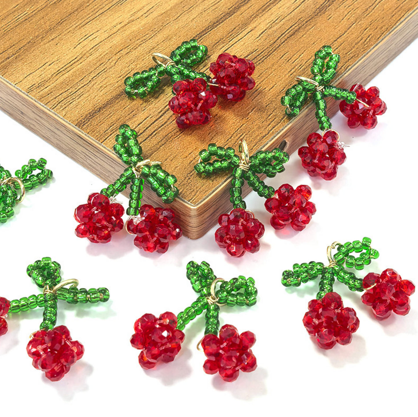 Beaded Cherry Charm, Fruit Themed Charms (18MM x 17MM)