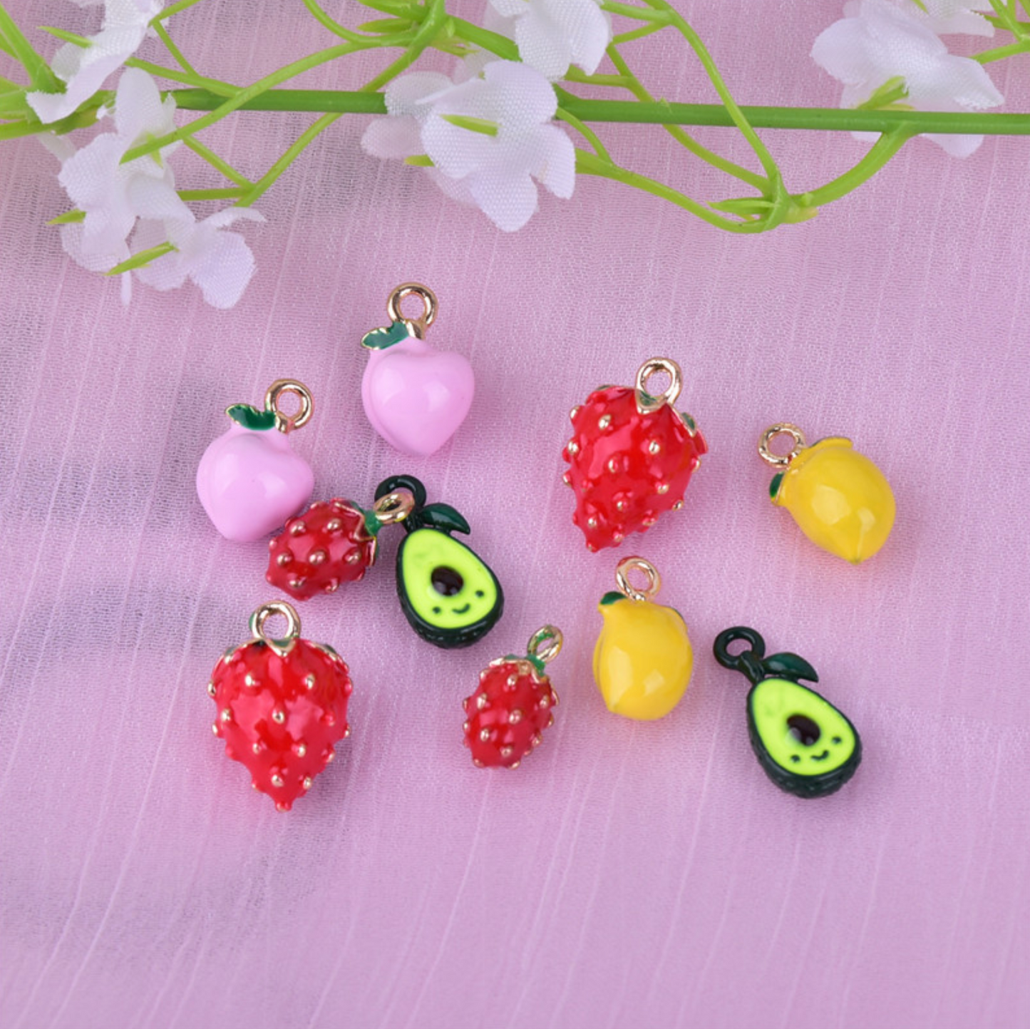 Cute Metal Fruit Themed Charms (Small Strawberry, Lemon, Peach, Avocado)