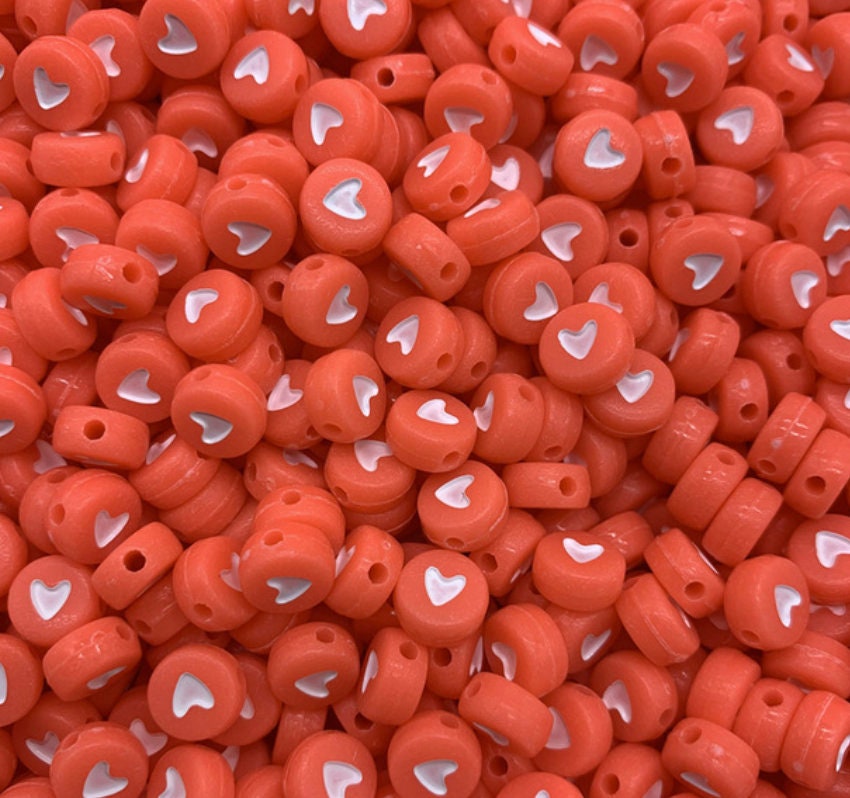 7MM Acrylic Flat Bright Red Round Beads with White Hearts