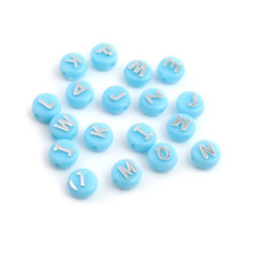 Acrylic Light Blue beads with Silver Letters (10mm x 6mm; 200/400 PCS.)