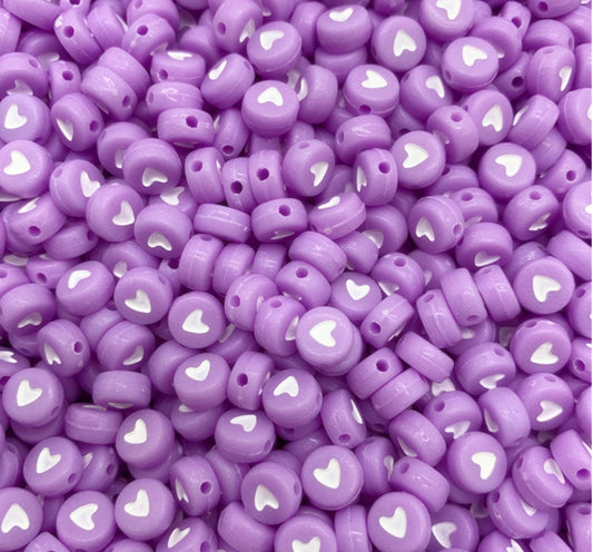 7MM Acrylic Flat Purple Round Beads with White Hearts