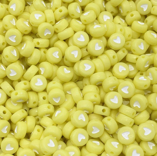 7MM Acrylic Flat Yellow Round Beads with White Hearts