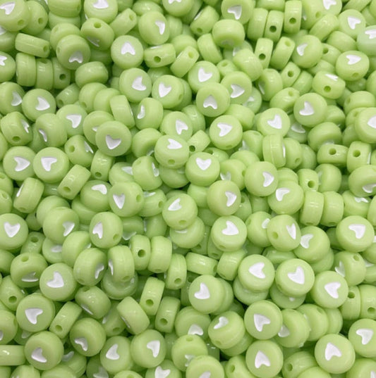 7MM Acrylic Flat Green Round Beads with White Hearts