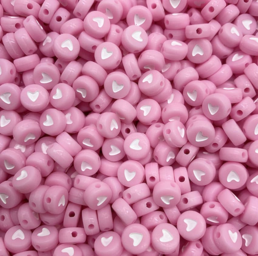 7MM Acrylic Flat Pink Round Beads with White Hearts