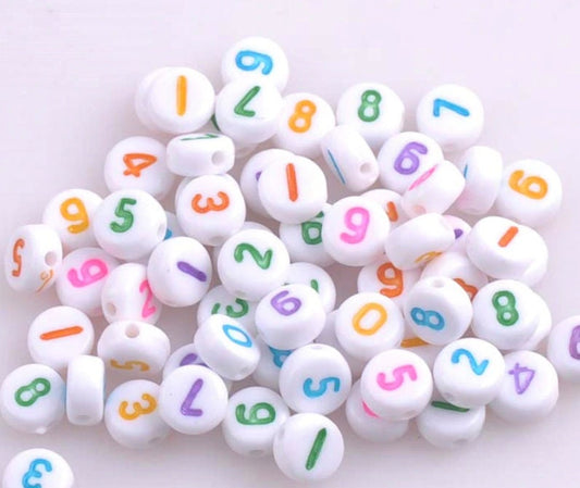 Acrylic Flat White Round Beads with Mixed Bright Color Numbers (7mm x 3mm)