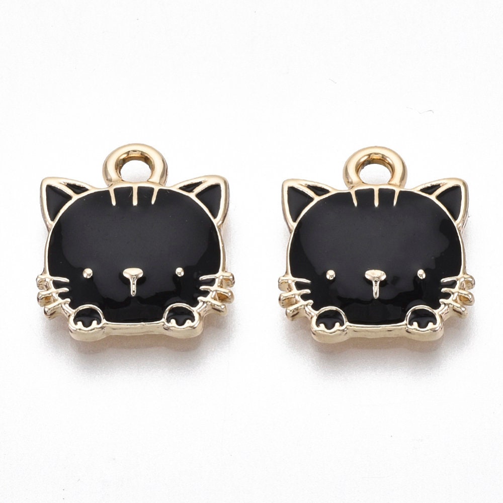 White/Black/Pink Cat Alloy Enamel Charm (15x13x3mm, Hole: 2mm)