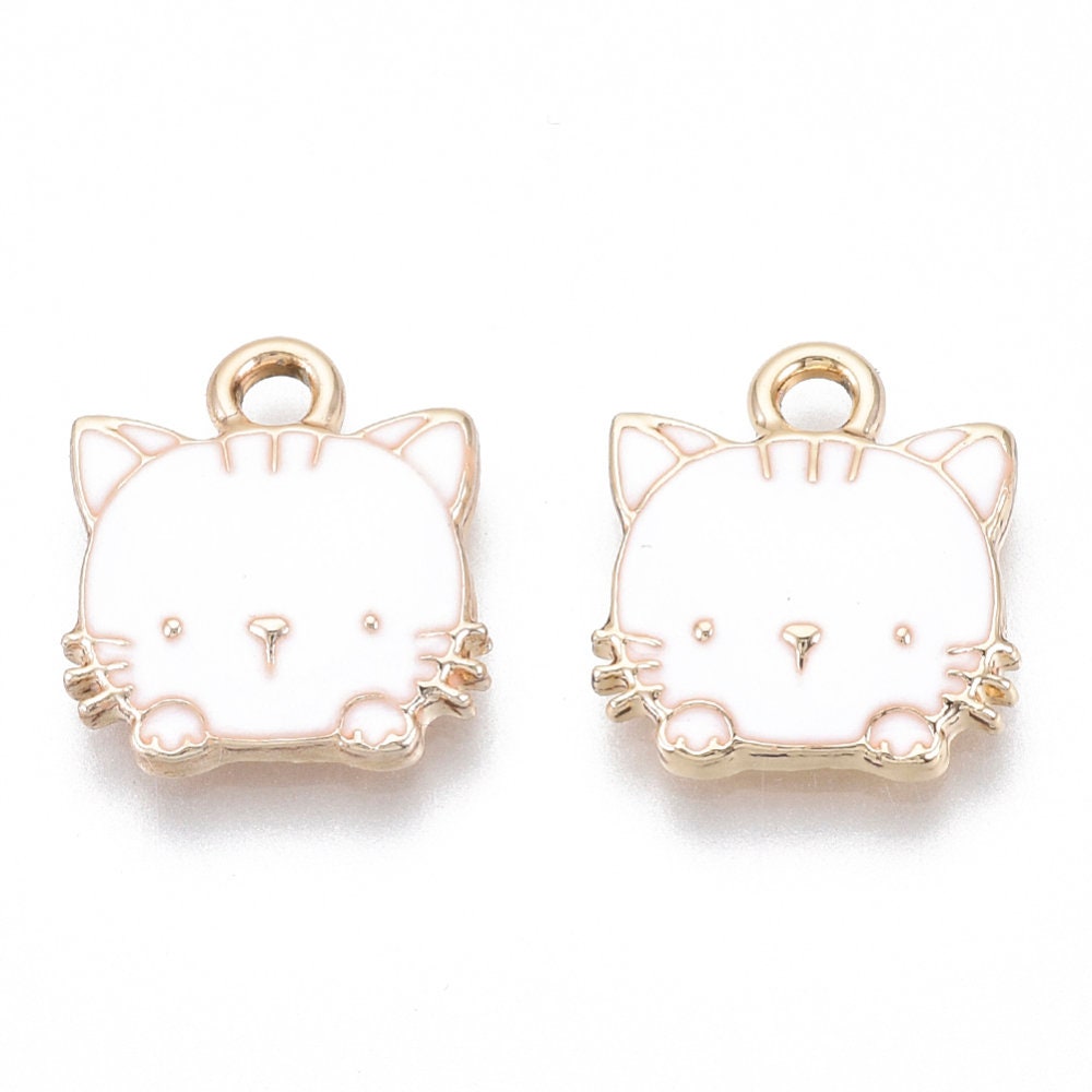 White/Black/Pink Cat Alloy Enamel Charm (15x13x3mm, Hole: 2mm)