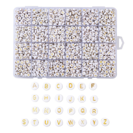 White Flat Round Acrylic Gold Letter Bead Set (1400 Beads + Elastic String)