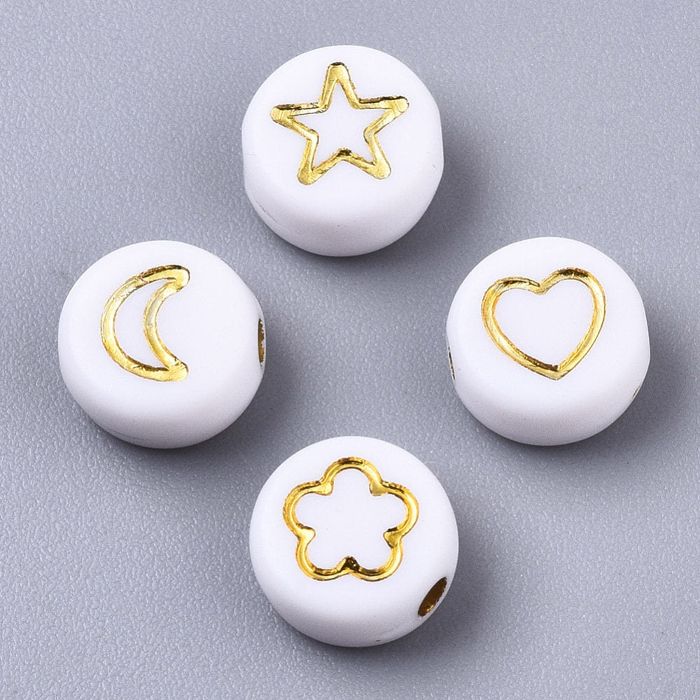 White Flat Round Acrylic with Gold Flower, Star, Moon, Heart Beads (7MM x 4MM)