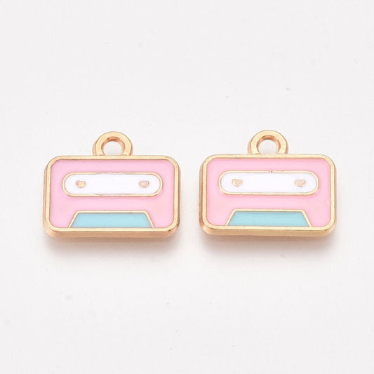 Pink Cassette Tape Alloy Enamel Charm 14x16x1mm, Hole: 2mm)