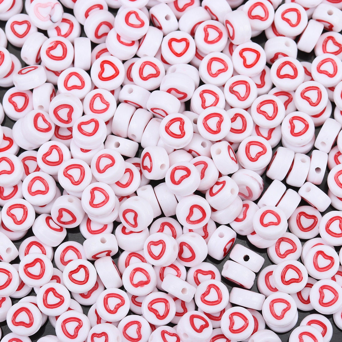 7MM Acrylic Flat Round Beads with Hollow Red Hearts