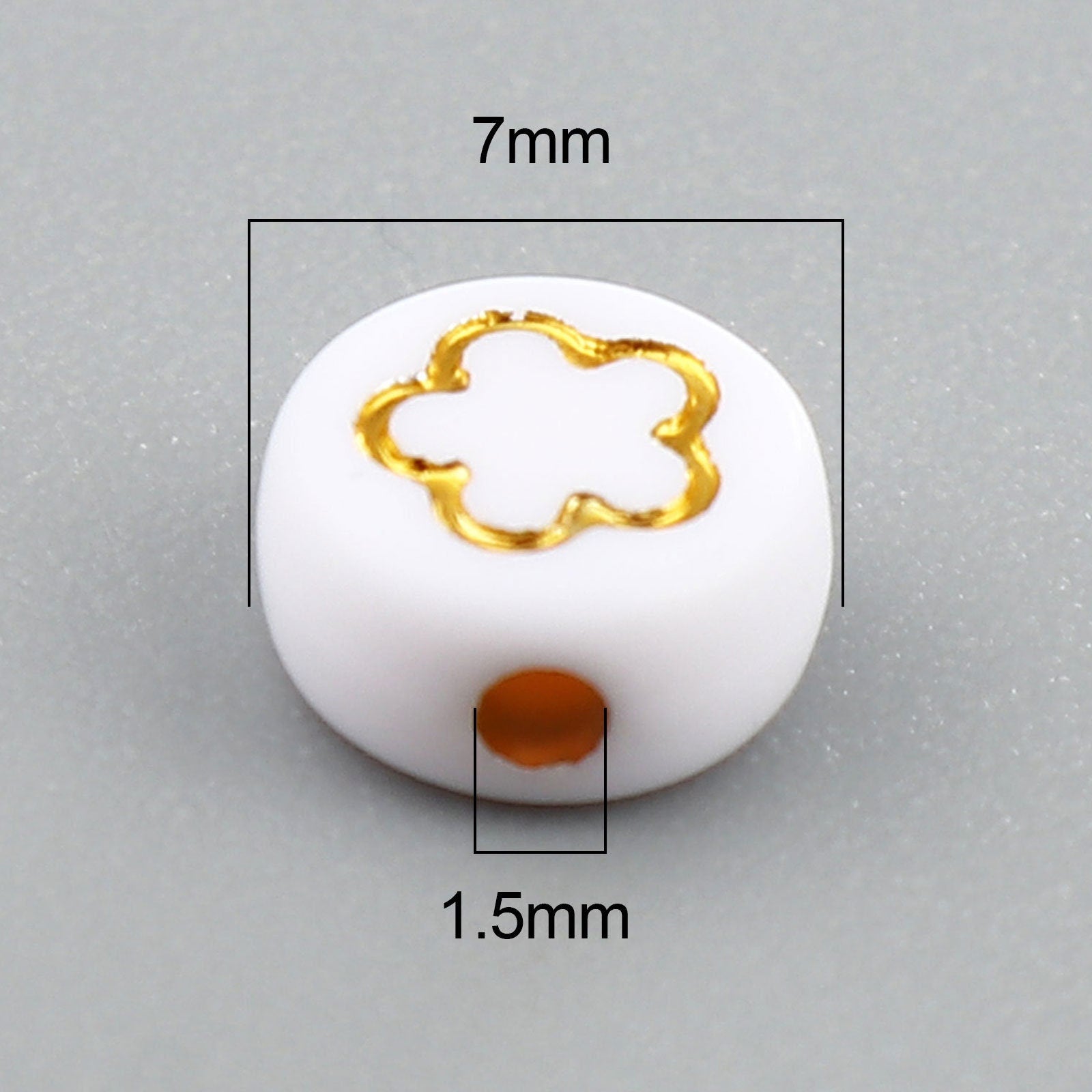 White Flat Round Acrylic with Gold Flower, Star, Moon, Heart Beads (7MM x 4MM)