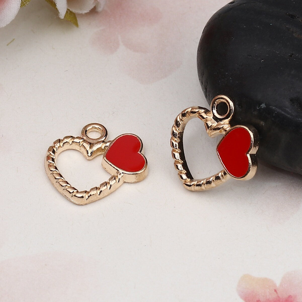 Striped Double Heart Enamel Zinc Alloy Charm (18mm x 18mm, Hole: 2mm)