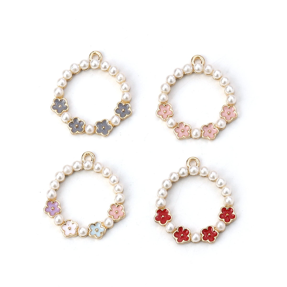 5pc Circle Ring with Pearls and Flowers Enamel Charm (22mm x20mm, Hole: 1.3mm)