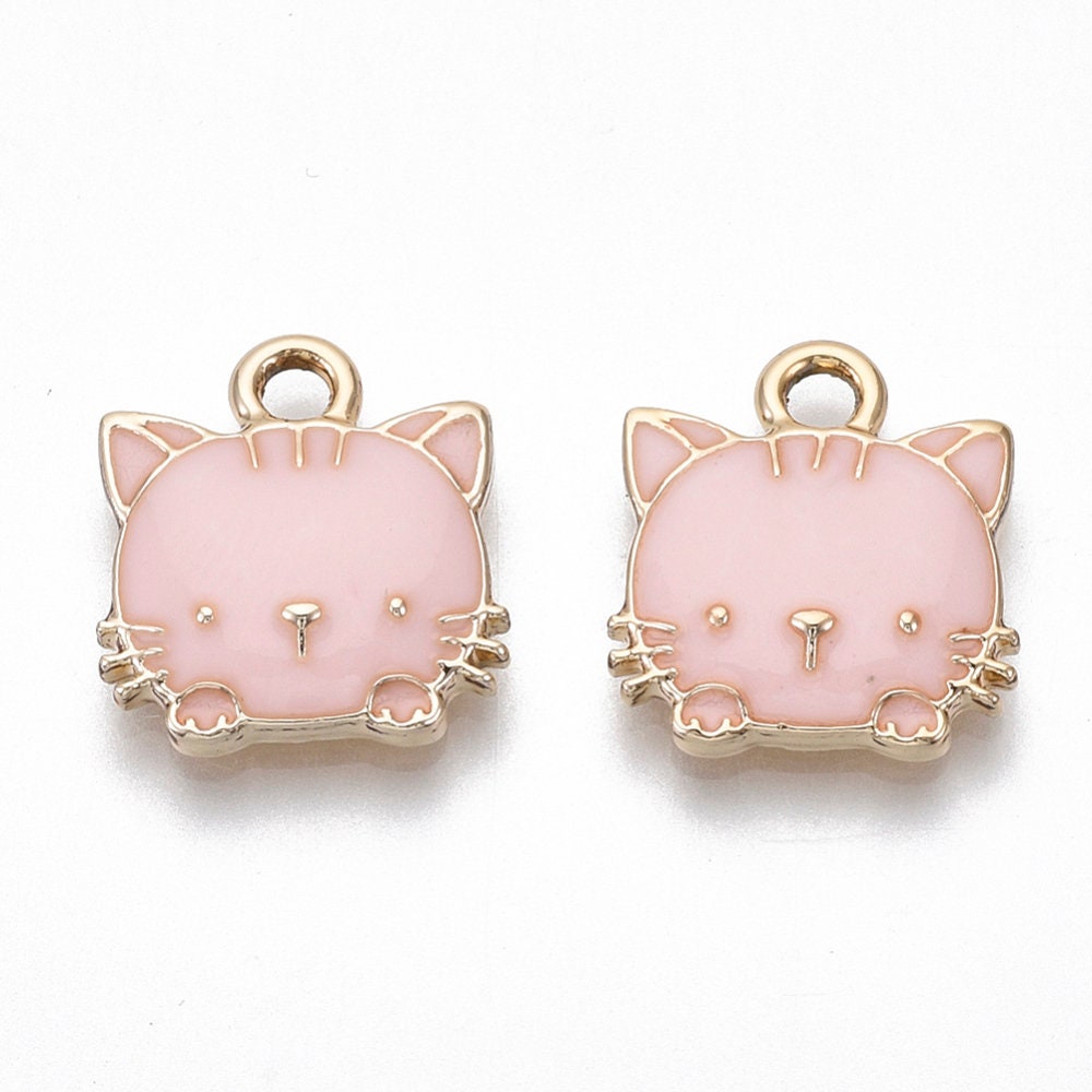 White/Black/Pink Cat Alloy Enamel Charm (15x13x3mm, Hole: 2mm)