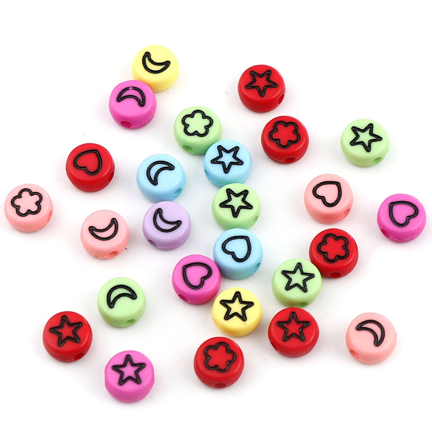 7MM Mixed Color Flat Round Acrylic with Black Flower, Star, Moon, Heart Beads