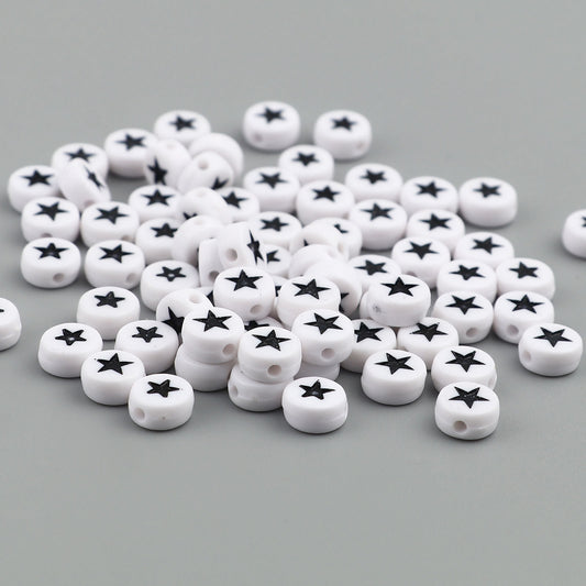 White Flat Round Acrylic with Black Star Beads (7MM x 4MM)