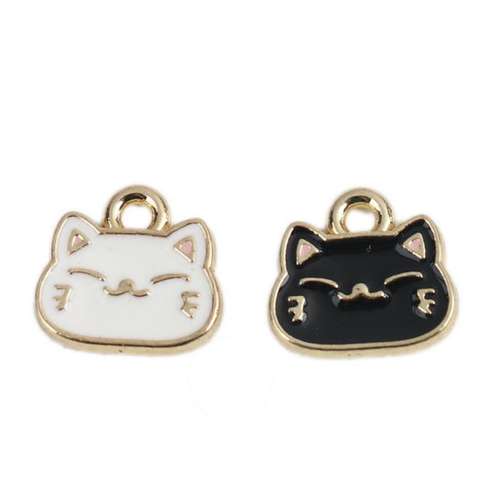 Black/White Cat Face Enamel Charm (10mm x 9mm)