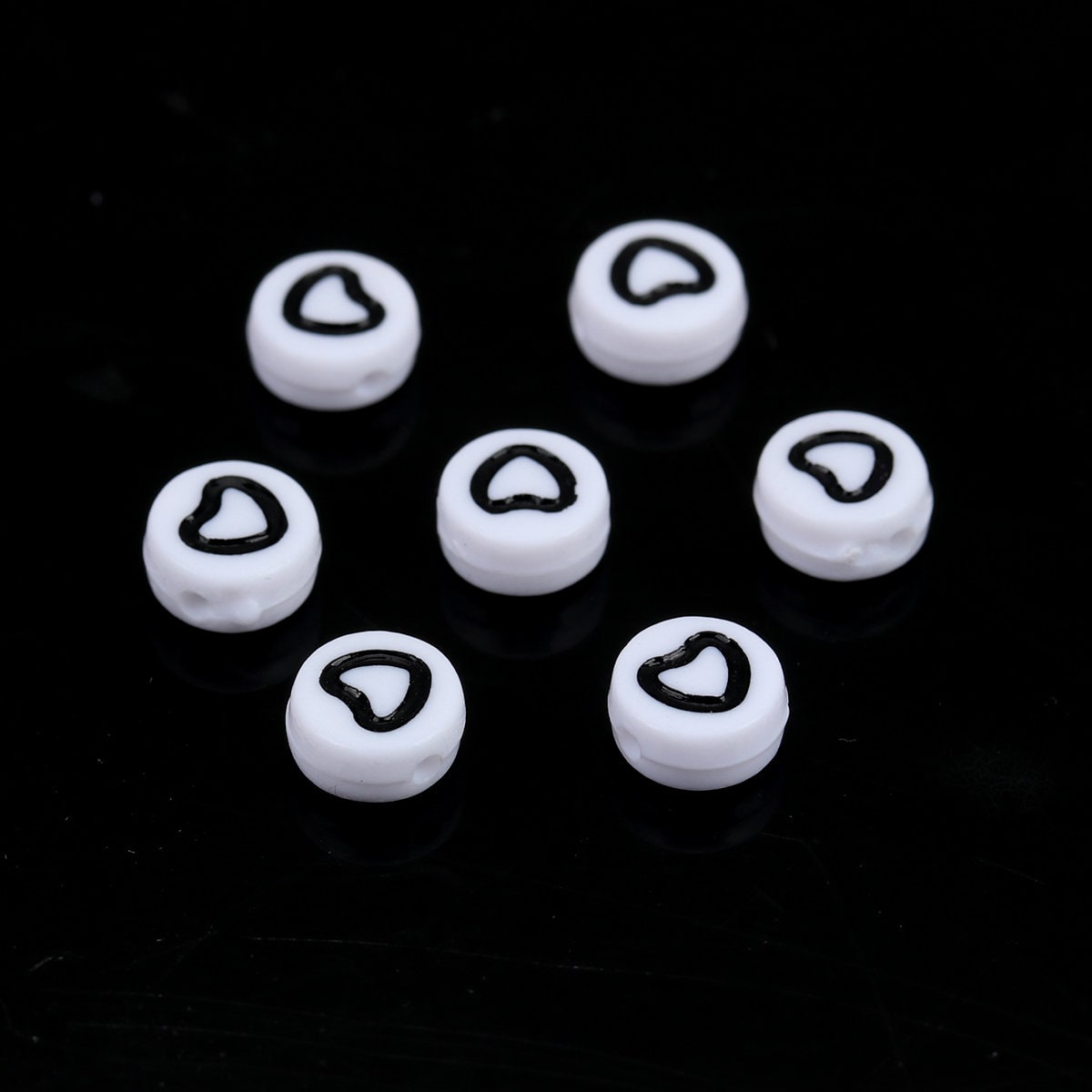 Acrylic Flat Round Beads with Hollow Black Hearts