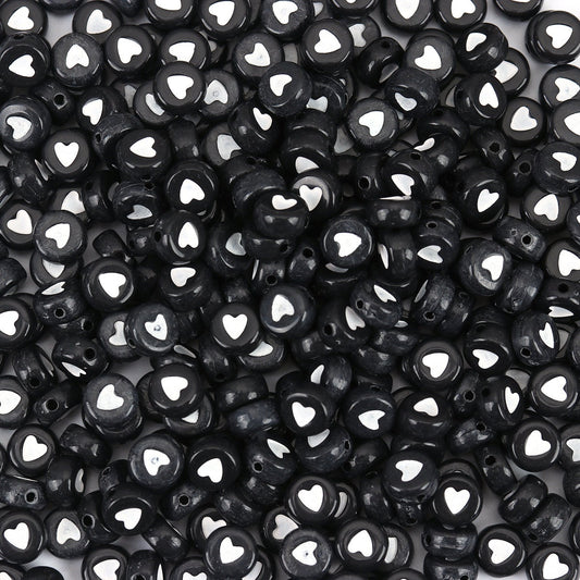 Black Acrylic Flat Round Beads with White Hearts (7MM x 4MM)