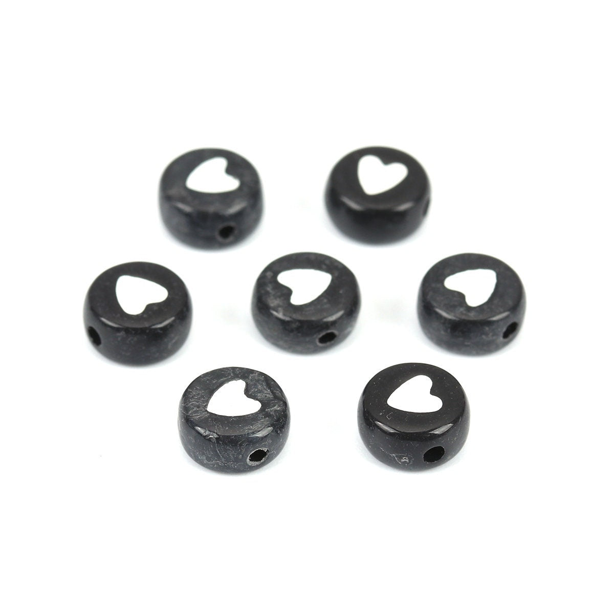 Black Acrylic Flat Round Beads with White Hearts (7MM x 4MM)